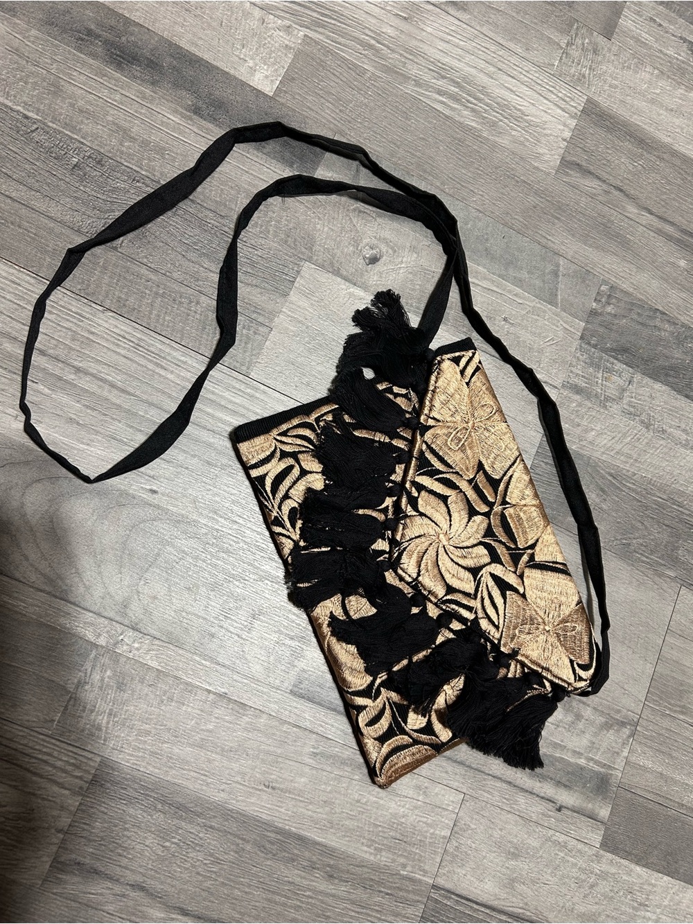 Black & Gold Floral Embroidered Envelop Crossbody Bag Purse